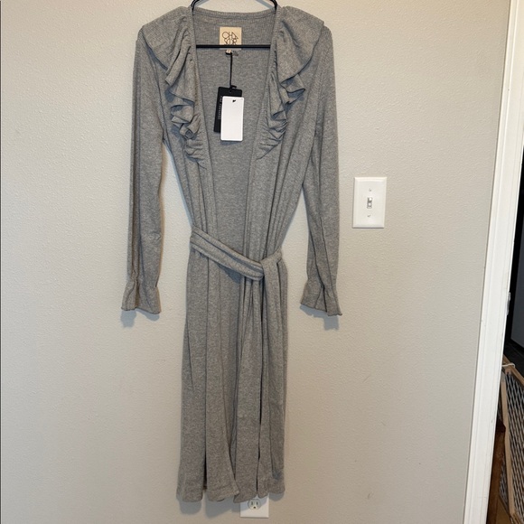 Chaser Ruffle Trim Belted Cardigan Ribbed Knit Longline Open Front NWT SZ SM - Picture 4 of 5